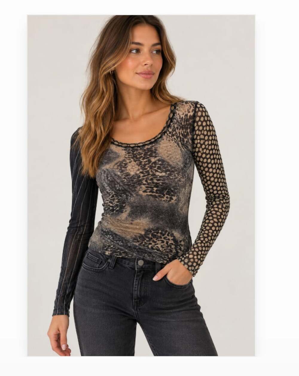 Fuzzi Shirt Womens Large Multicolor Animal Print Mesh Sheer Long Sleeve Top